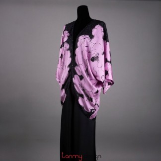Áo Kimono dáng dài mẫu cá koi tím hồng